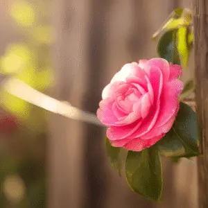 Pink camellia flower on green leaves.