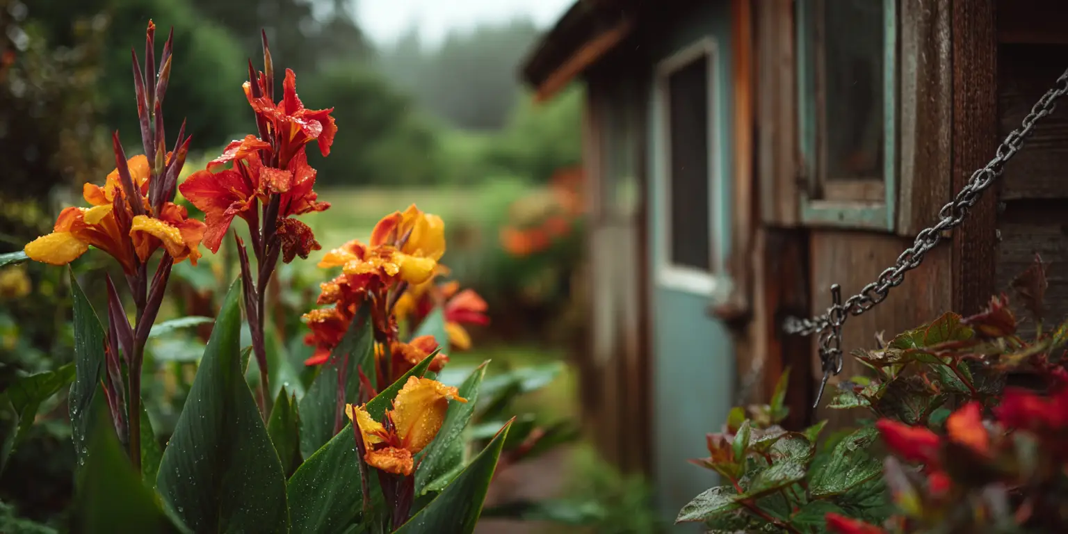 Canna lilies by rustic shed, rain-soaked petals and leaves.