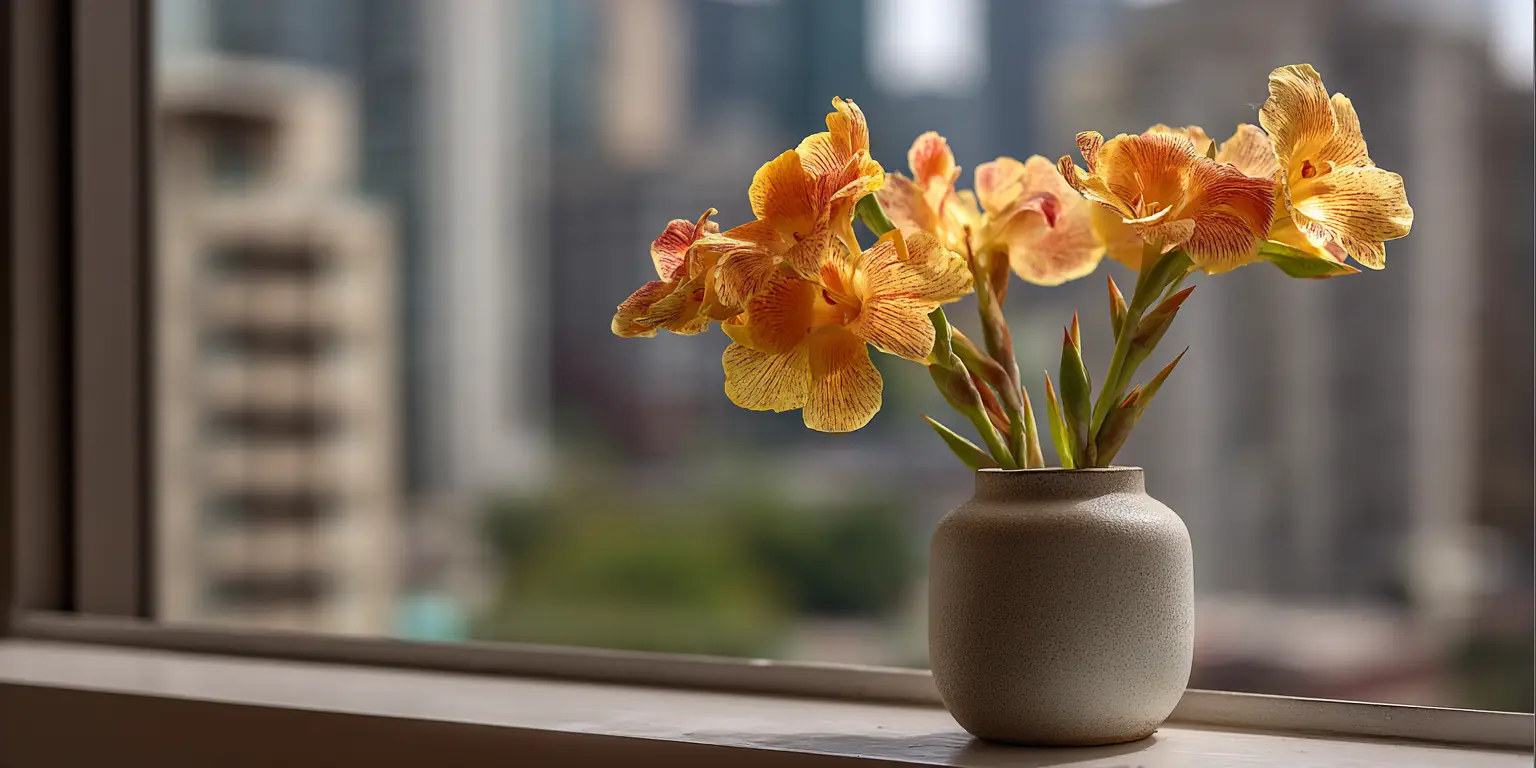 Canna lily bouquet in vase on windowsill, city backdrop.