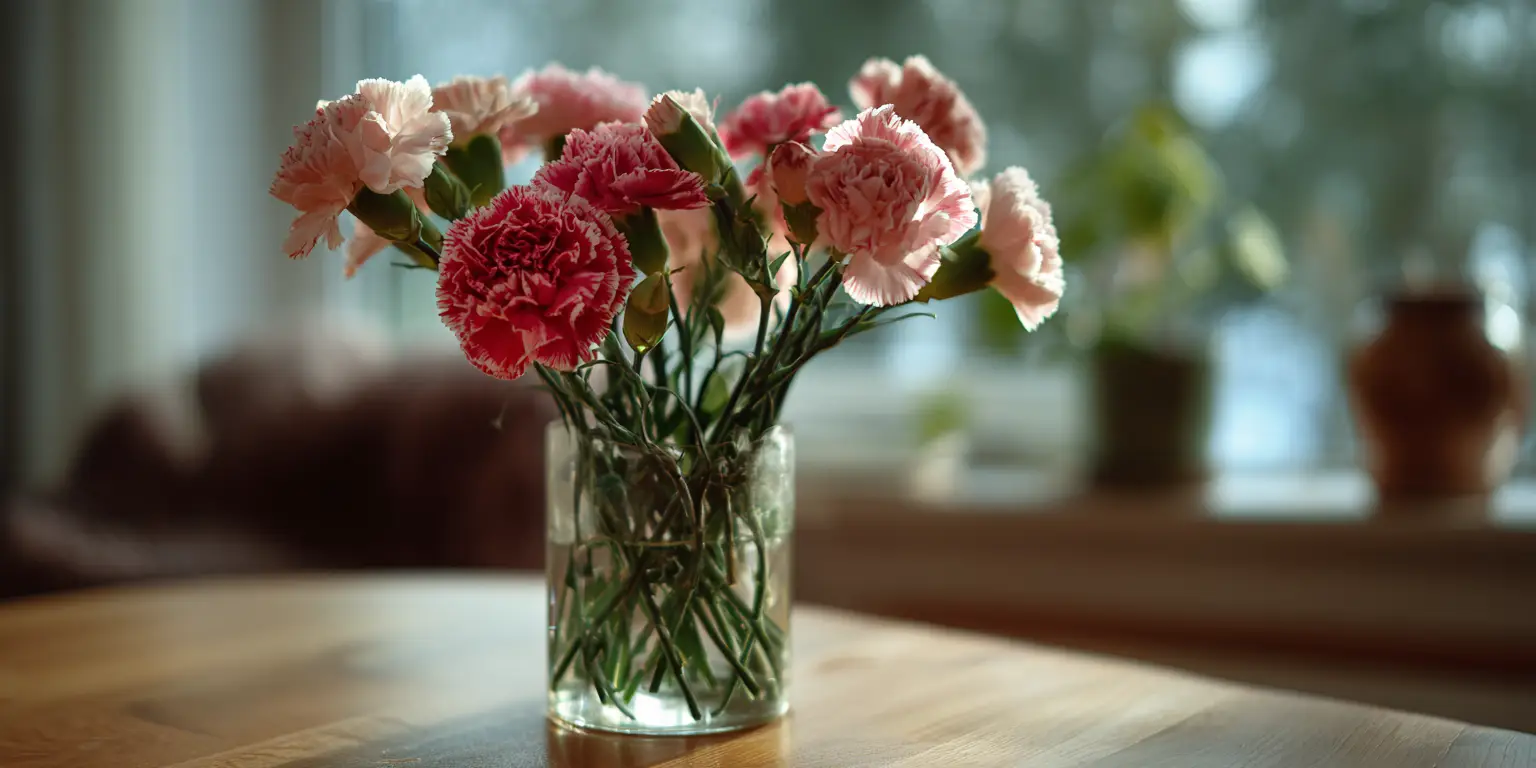 Carnation bouquet in glass vase on table, indoors.