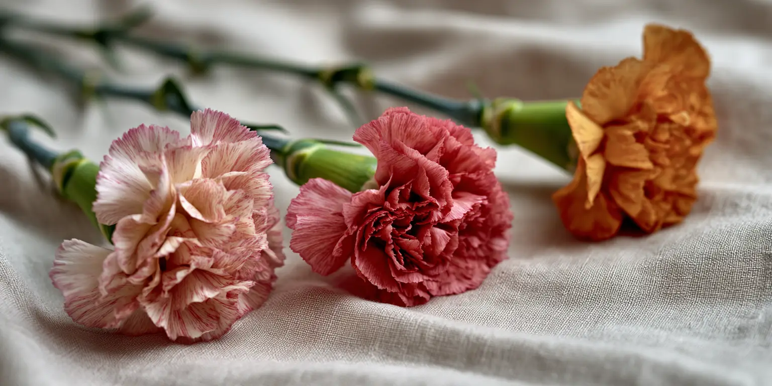 Three cut carnations on linen, cream, rose, orange.