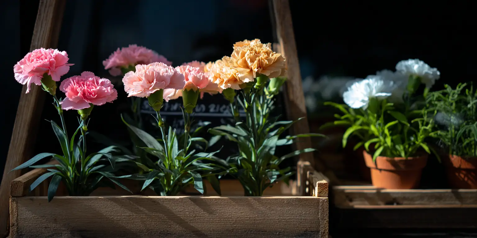 Potted carnations in wooden crate, mixed pastel colors.