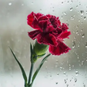 Red carnation against rainy window