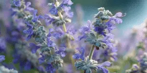 Catmint clusters of lavender-blue flowers, soft bokeh background.