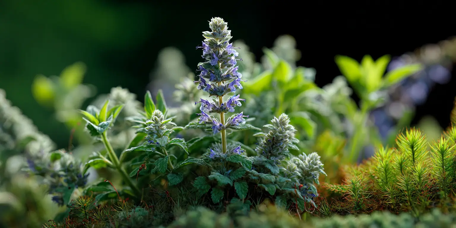 Catmint rosette with central spire, woodland garden close-up.
