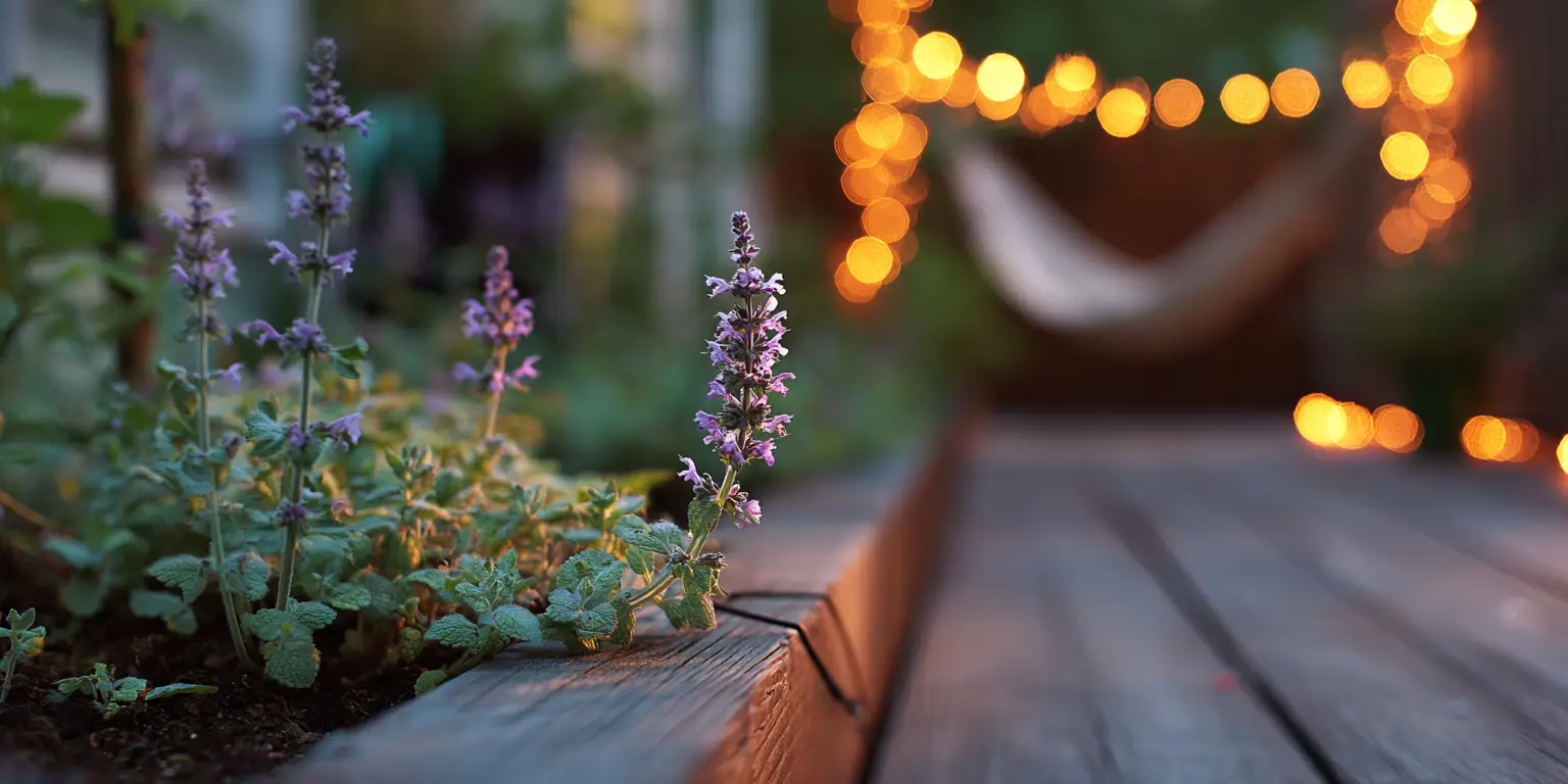 Catmint edging deck, evening lights bokeh, cottage garden.