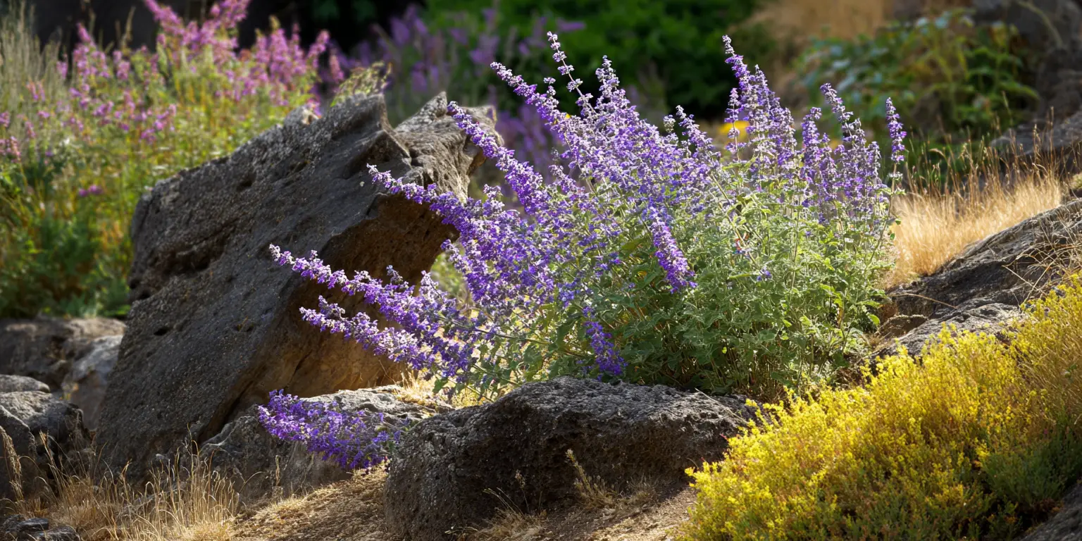 Catmint with airy spikes of purple flowers growing among large rocks in a sunny garden