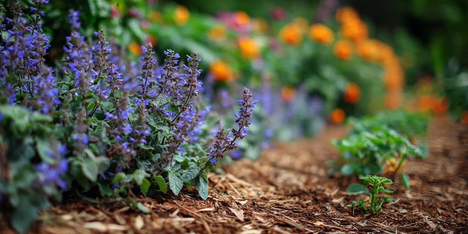 Catmint border in mulch bed, vibrant lavender-blue spires.