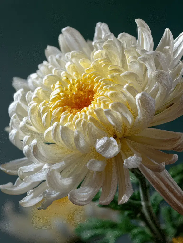 Chrysanthemum ivory spider bloom with yellow center, close-up.