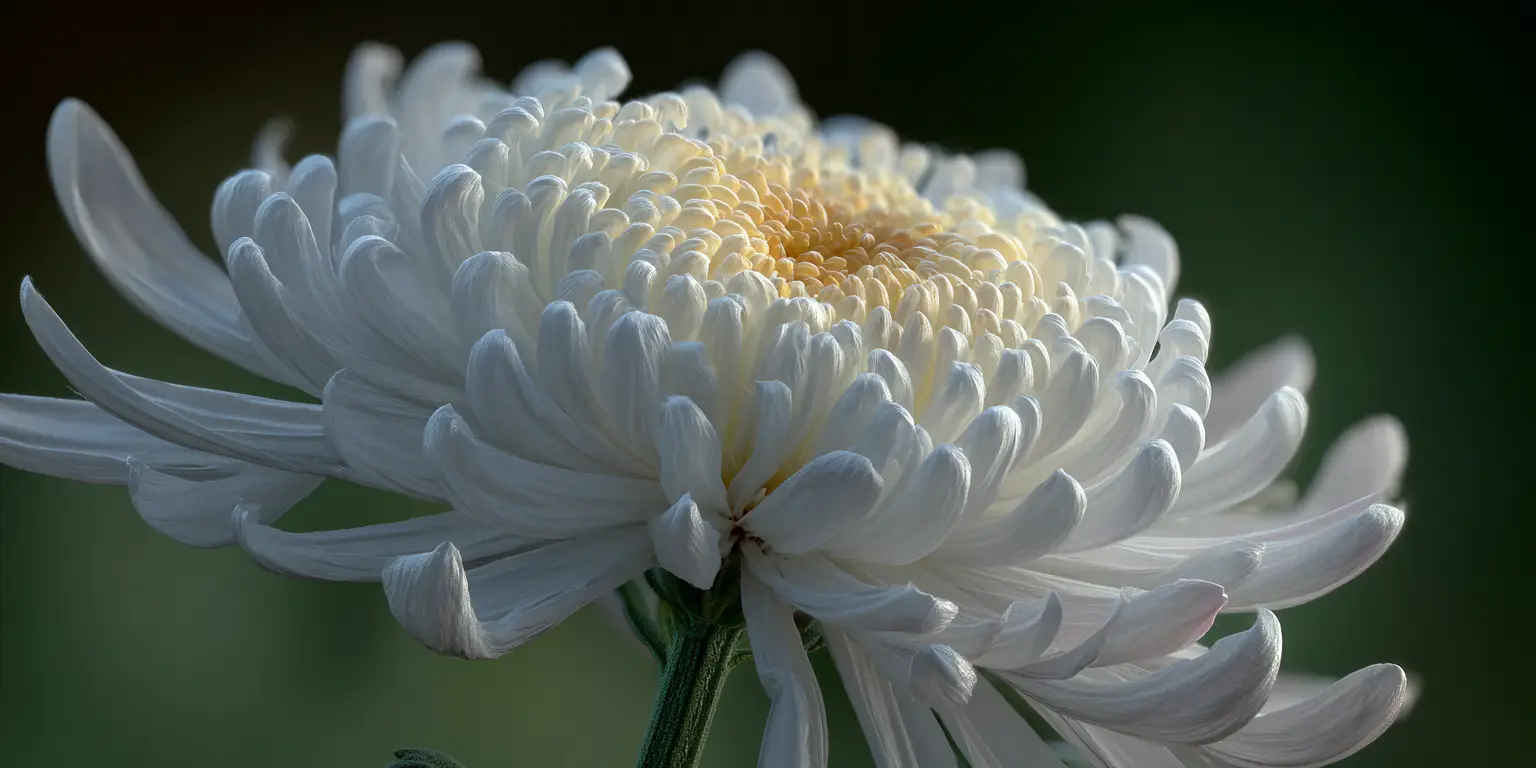 White spider chrysanthemum side view, curled petals, bokeh.
