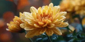 Yellow chrysanthemum with dewdrops, fresh morning macro.