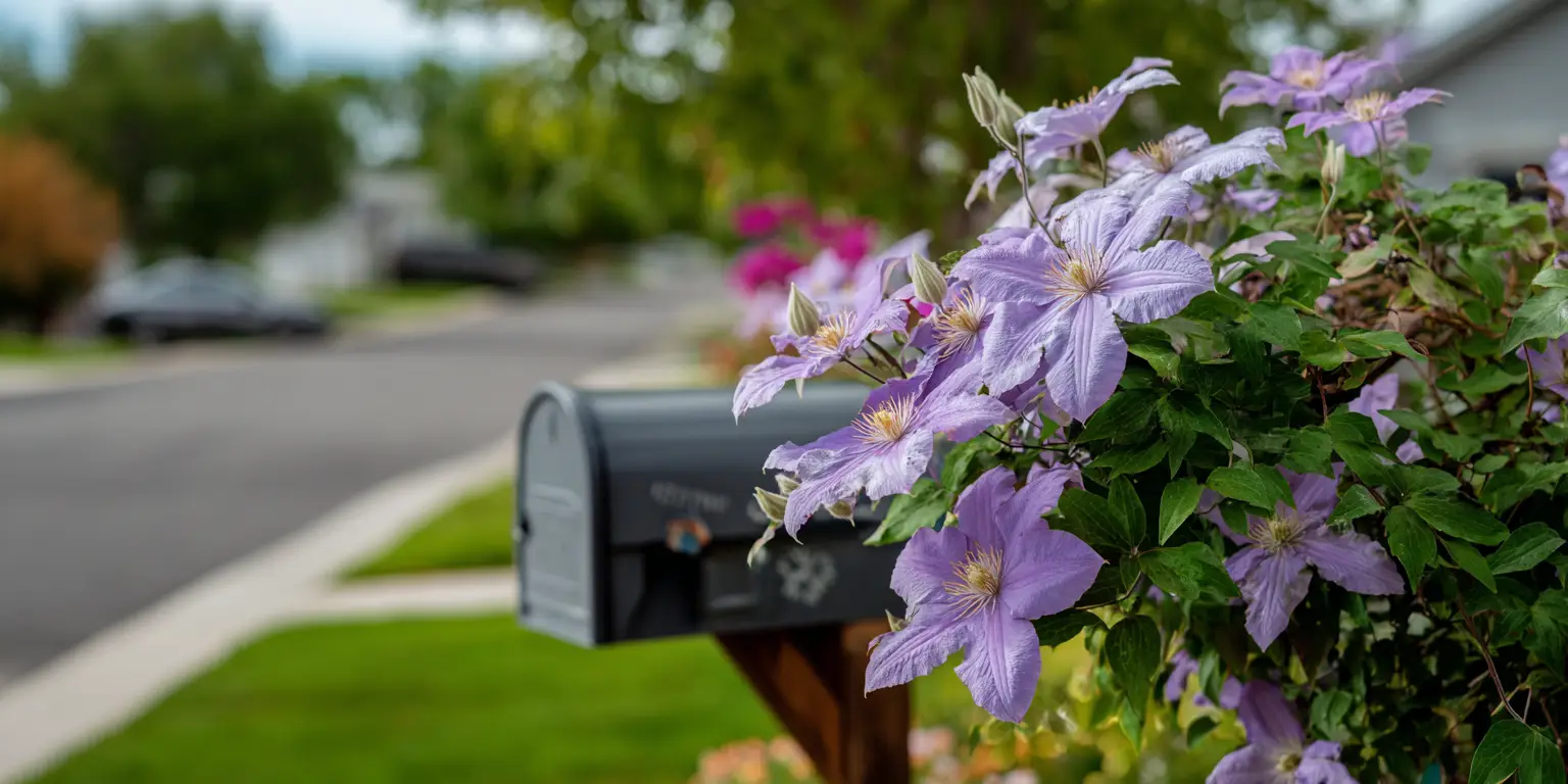 Clematis covering mailbox post, lavender blooms along street.
