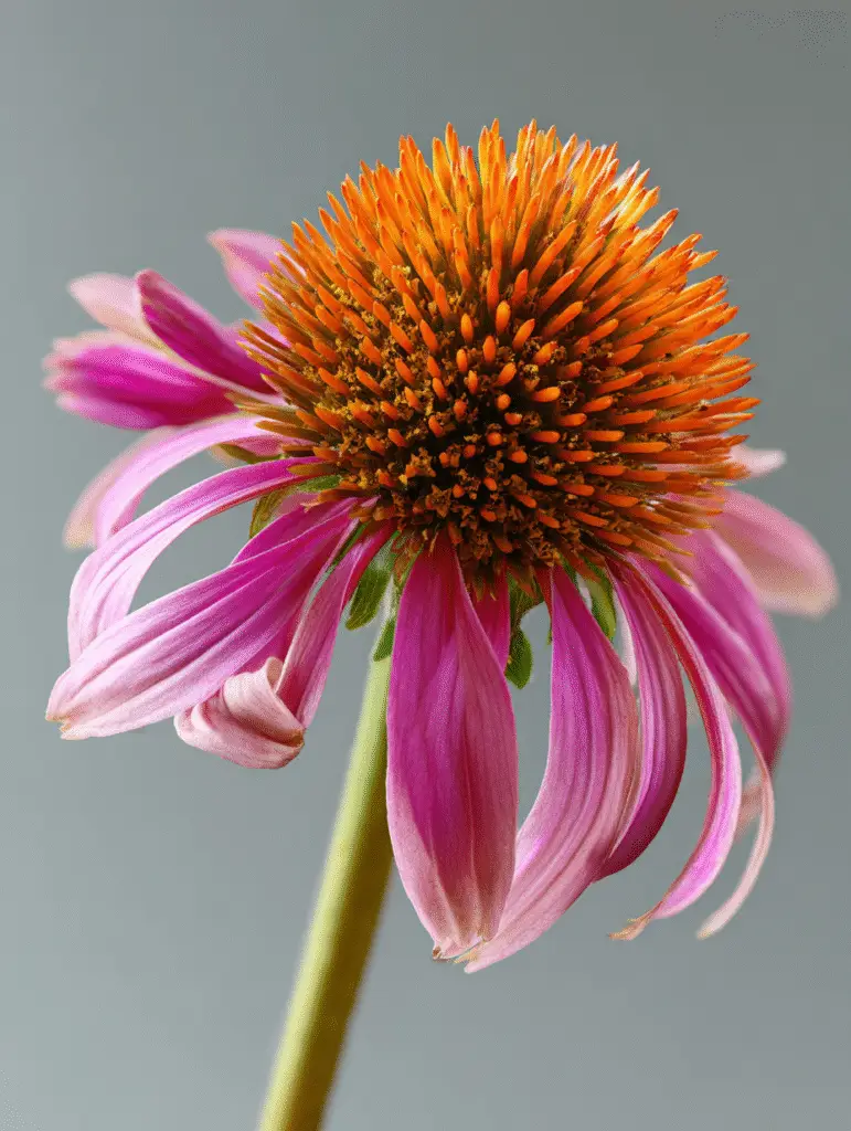 Coneflower (Echinacea) pink petals with spiky orange cone, close-up.