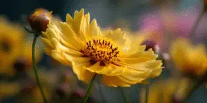 Coreopsis flower with buds, ruffled yellow center, macro.
