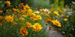 Mass of coreopsis along garden path, airy stems.