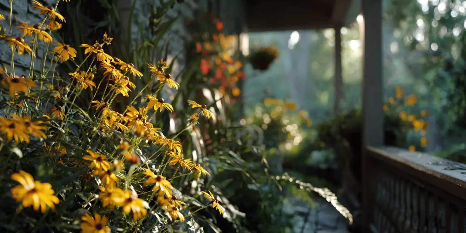 Coreopsis spilling over porch railing, morning backlight.