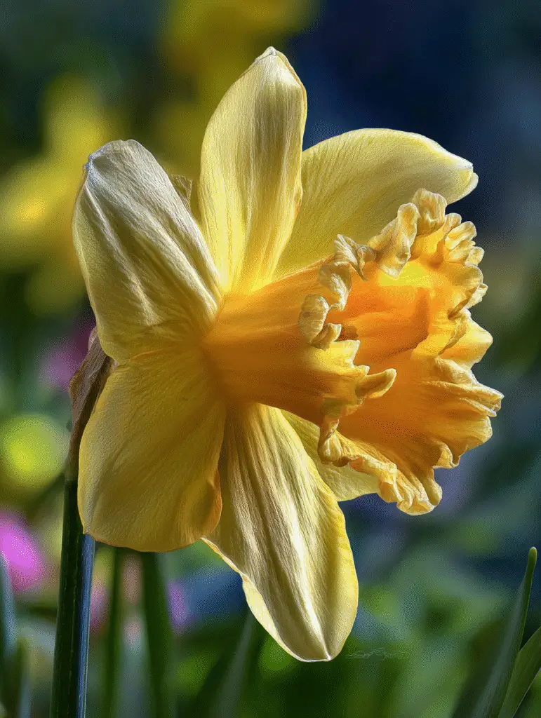 Macro daffodil yellow trumpet, ruffled corona, spring bokeh.