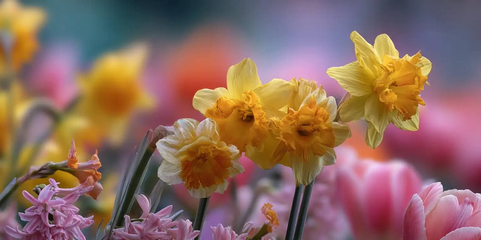 Mixed daffodils with hyacinths, tulips background, pastel bokeh.