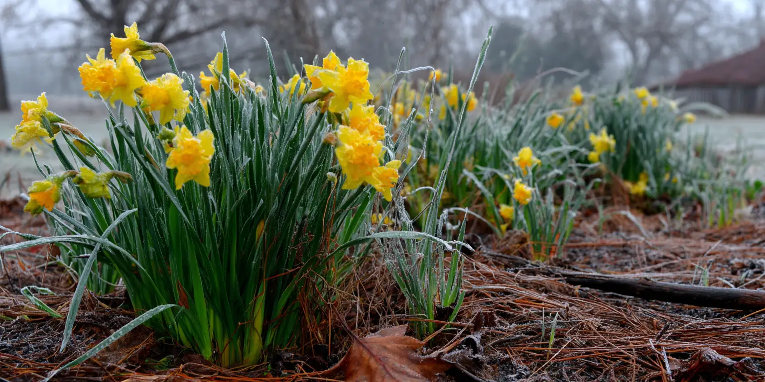 Frosted daffodils in garden bed, cold morning.