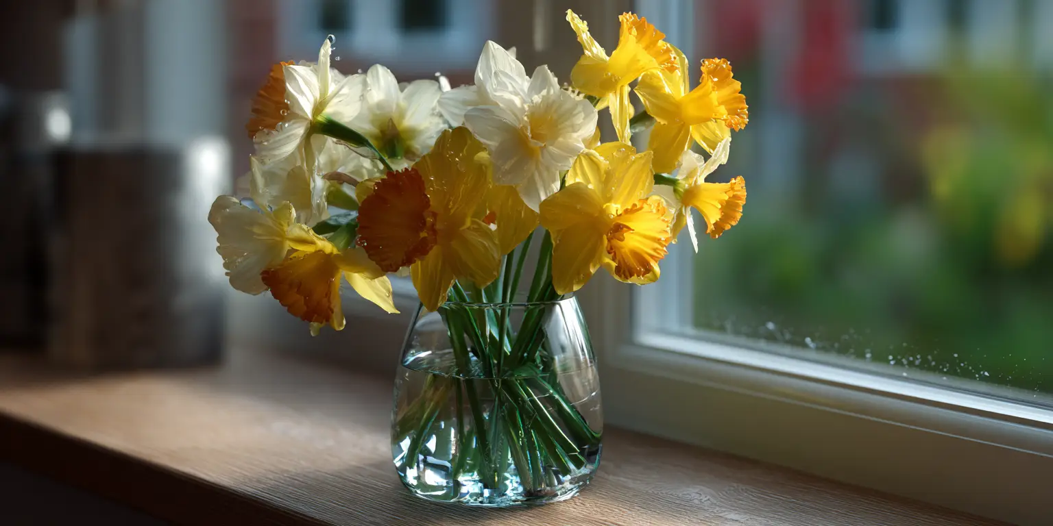 Mixed daffodils bouquet on windowsill, raindrops on glass.