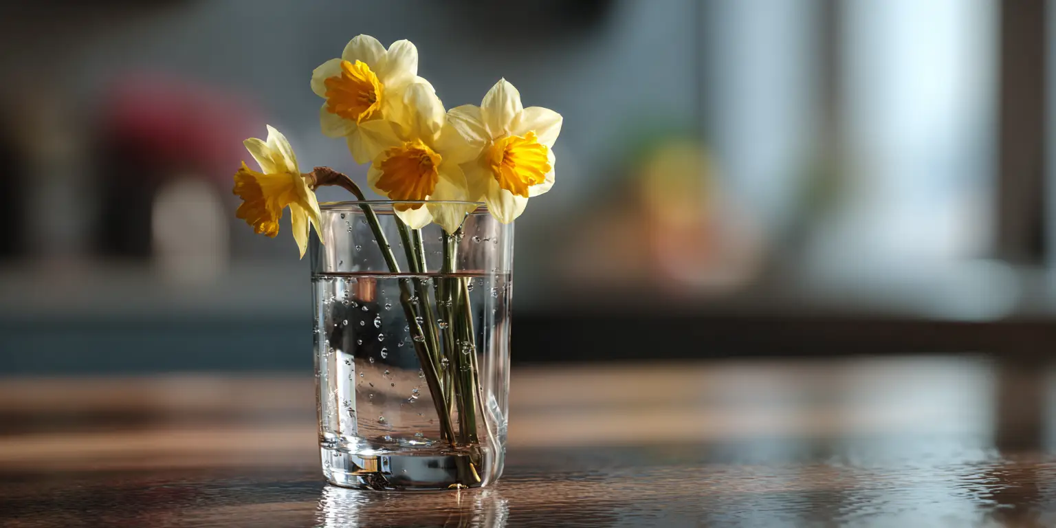 Daffodils in glass, tabletop vase, sunlight reflections.