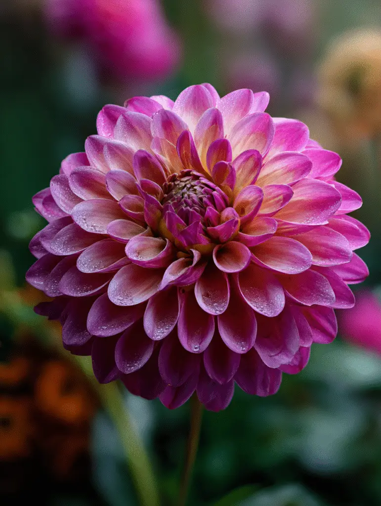 Dahlia magenta ball bloom with dewdrops, macro close-up.