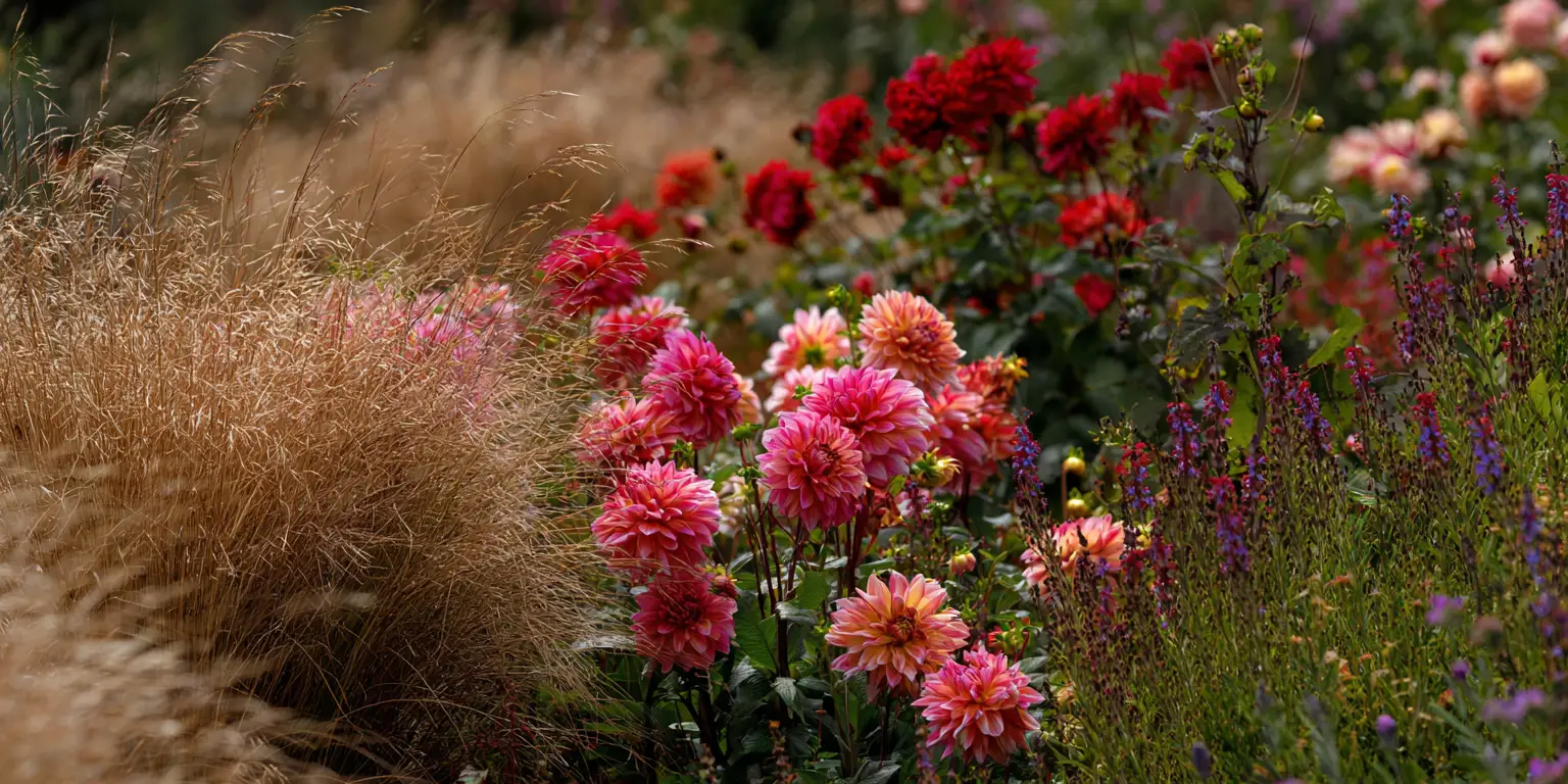 Dahlias with ornamental grasses, mixed border in late summer.