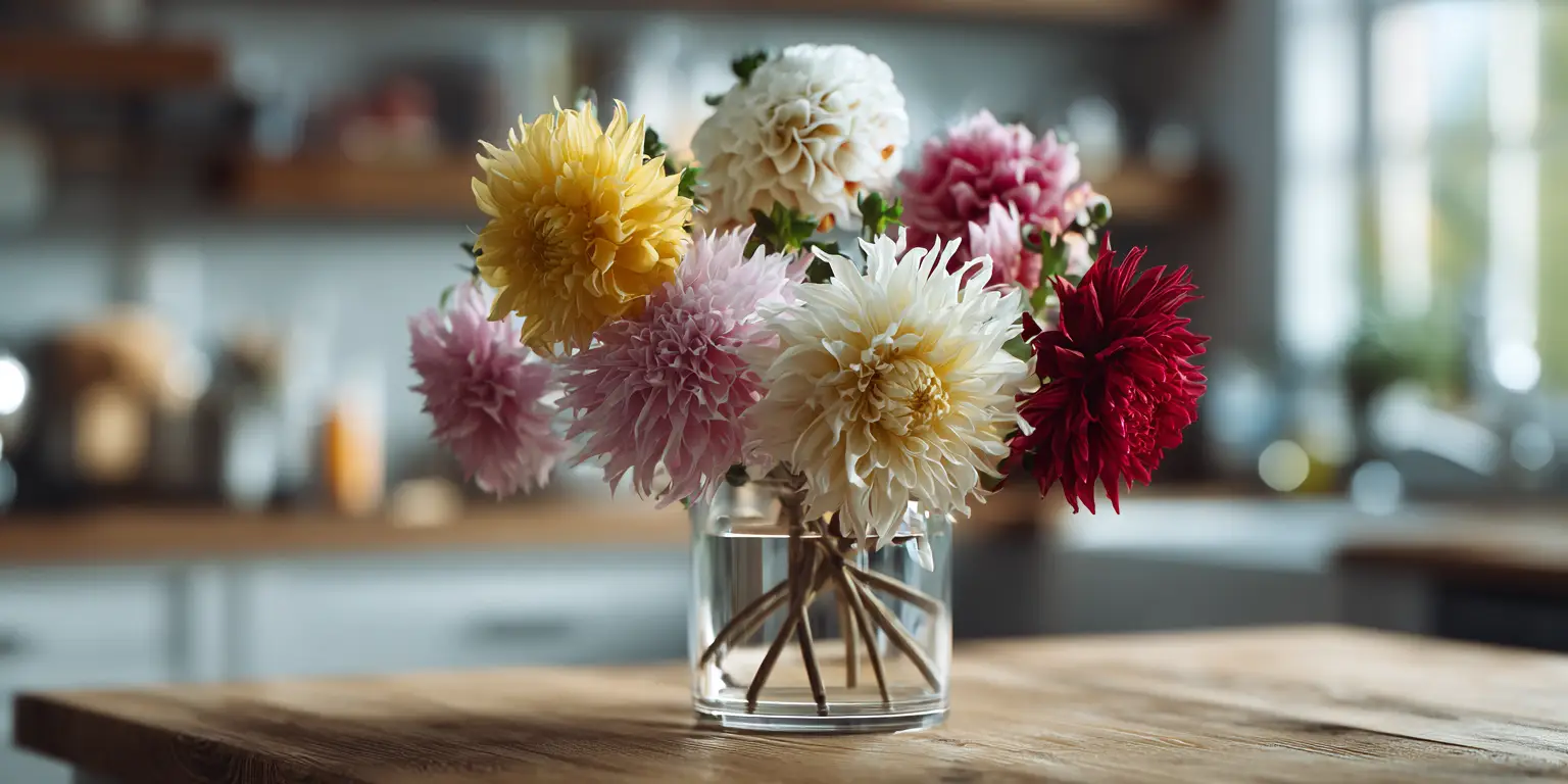 Dahlia bouquet in glass vase on kitchen table.