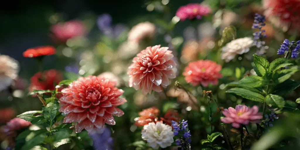 Mixed dahlias with dewdrops in sunlit cottage garden.