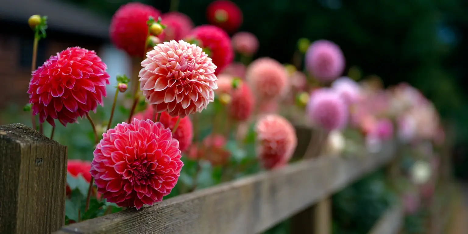 Row of pompom dahlias along wooden fence, garden.