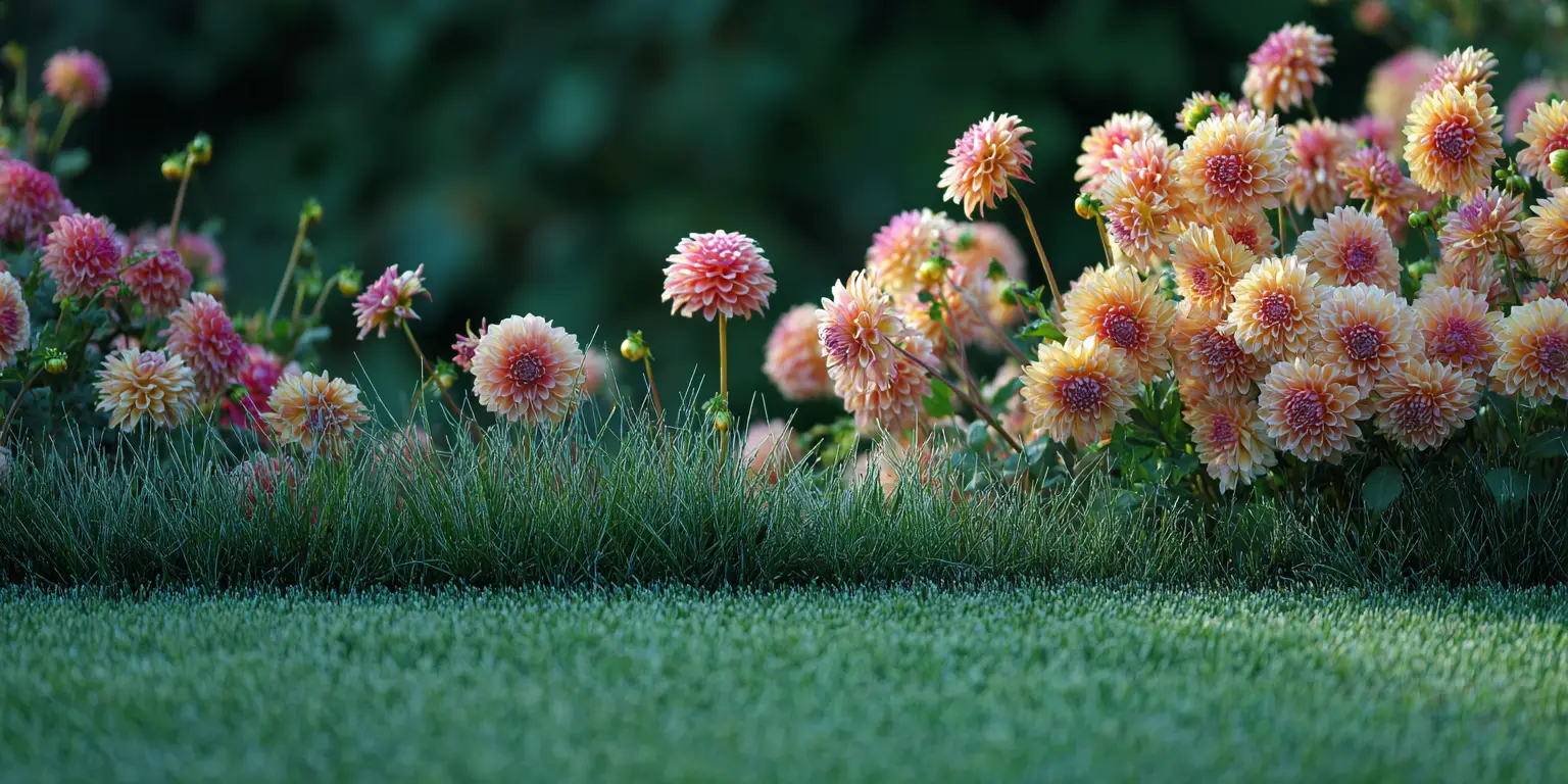 Dahlias mass planting along lawn edge, pastel pompom blooms.