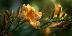 Daylilies golden blooms with unopened buds, evening backlight.