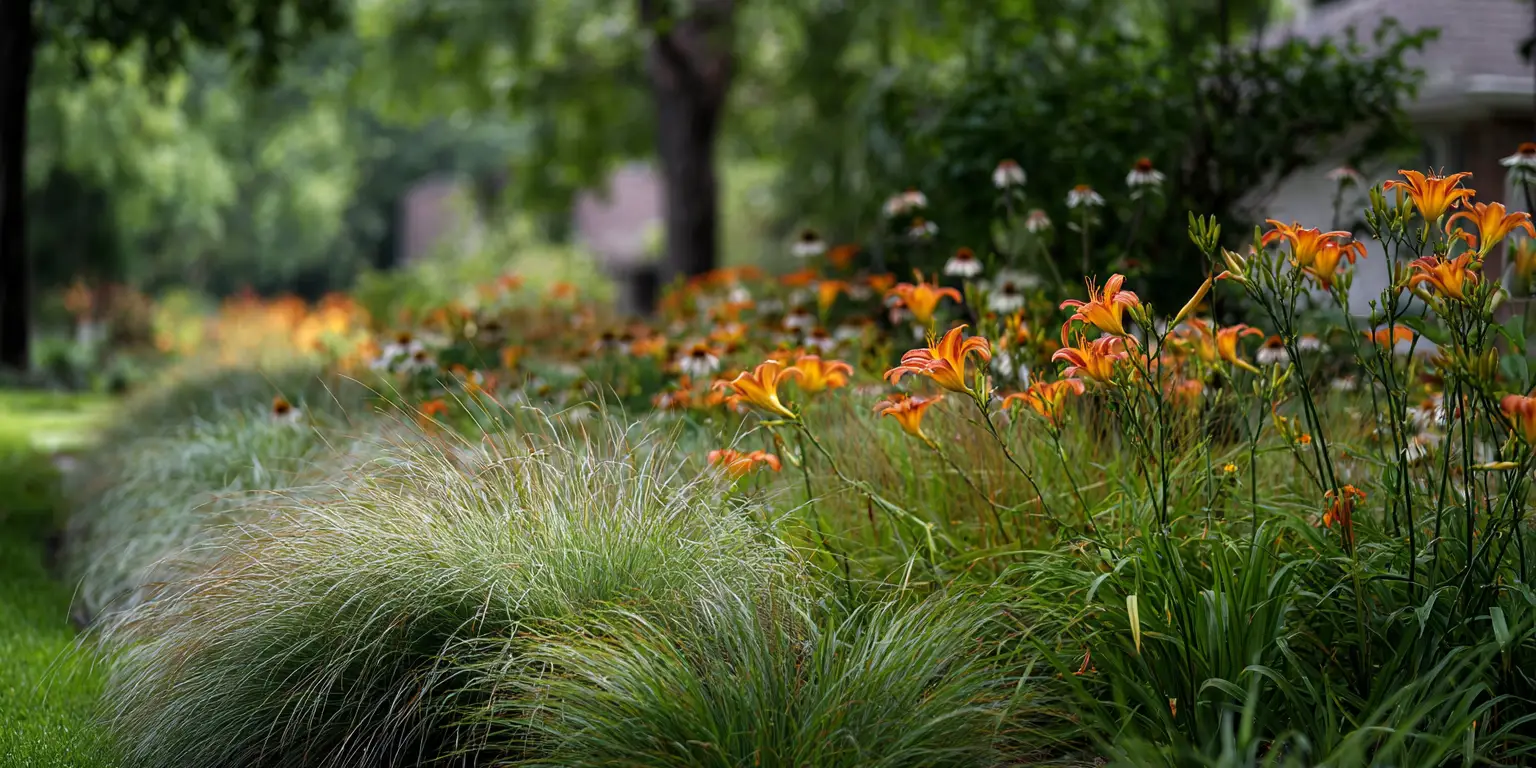 Daylilies mass planting with ornamental grasses along street.