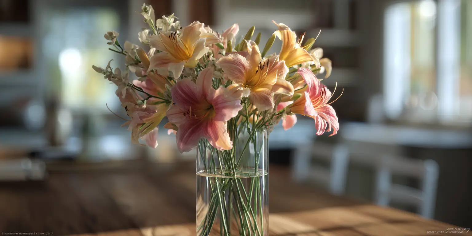 Daylily bouquet in tall glass vase on table.