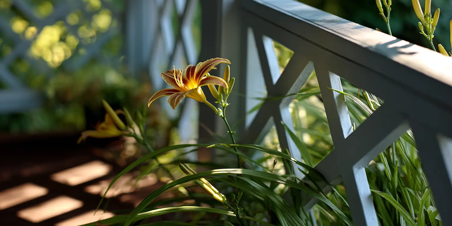 Daylily glowing beside porch railing, soft morning light.