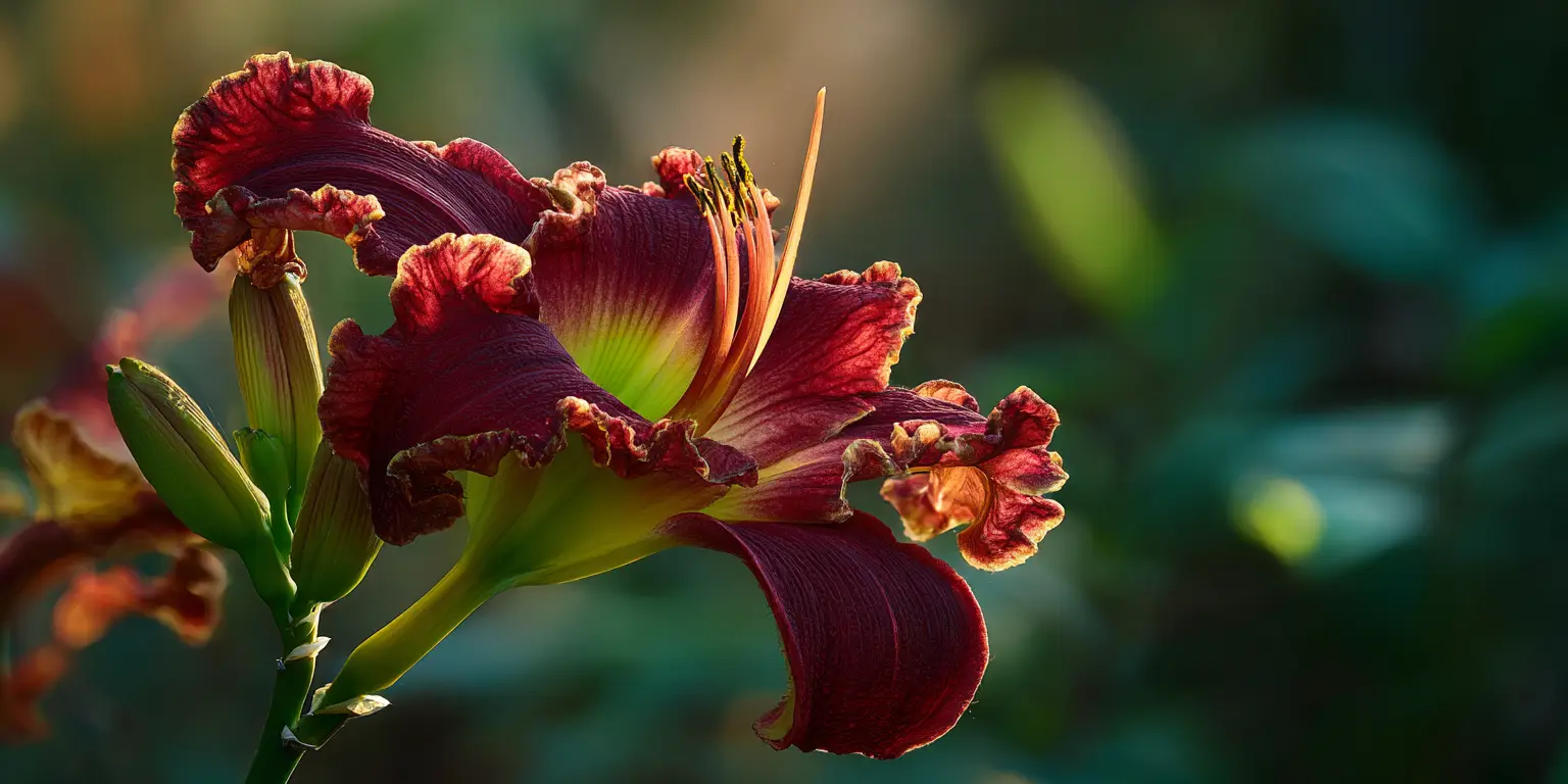 Burgundy daylily with ruffled edges, dramatic backlight.