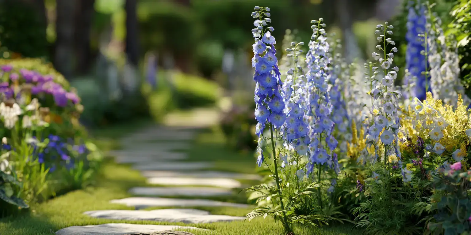 Delphiniums lining stepping-stone path, pastel blue spires.
