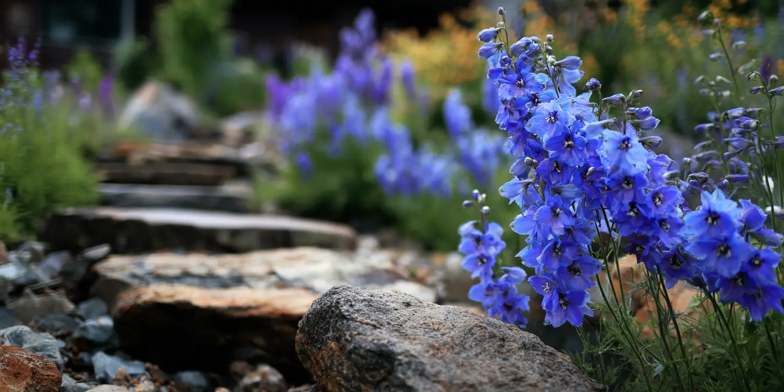 Delphiniums beside rocky garden steps, vibrant blue blossoms.