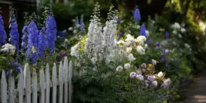 Delphiniums by white picket fence with peonies.