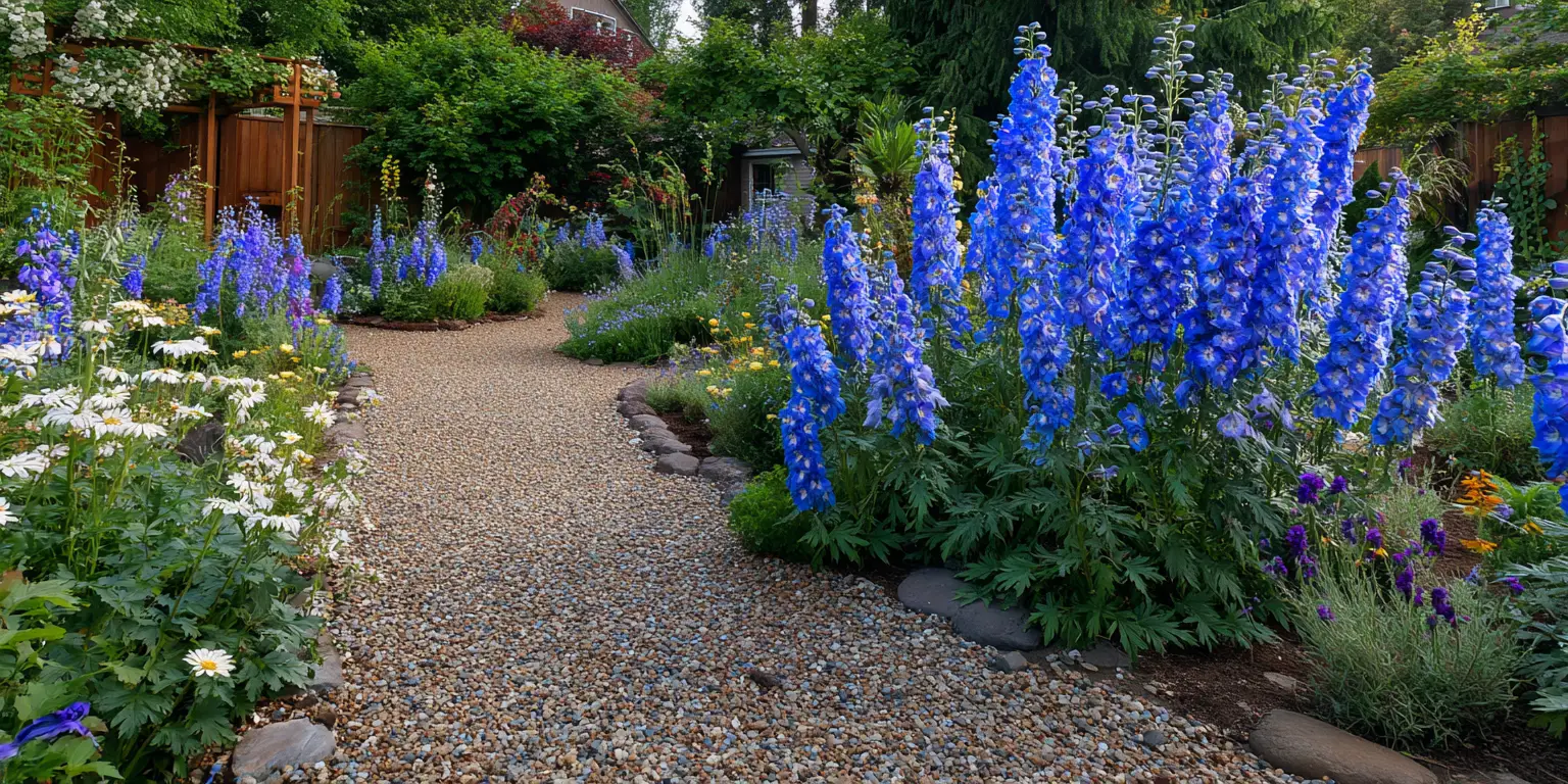 Delphinium mass planting along gravel path, lush border.