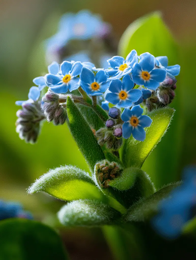 Forget-me-not blue flowers with yellow centers, fuzzy leaves, macro.