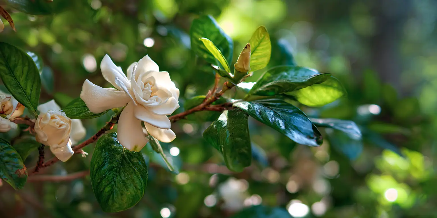 Gardenia blossom on branch, glossy leaves, dappled sunlight.