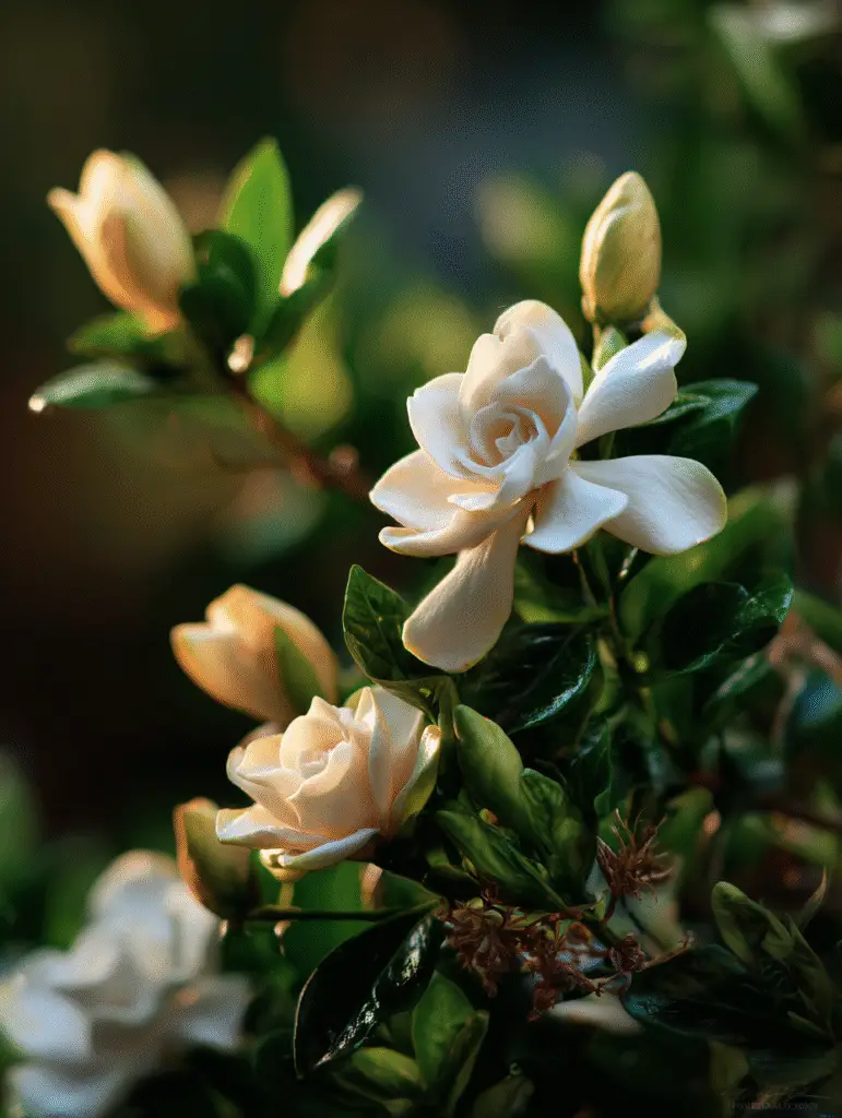 Gardenia white blooms and buds, glossy leaves, evening light.