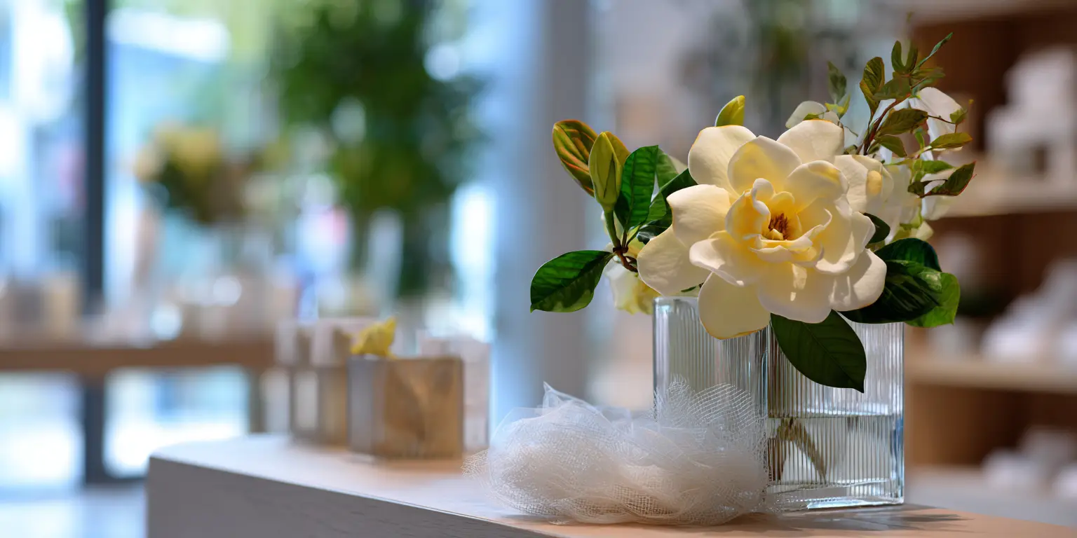 Gardenia arrangement in ribbed glass vase, store interior.