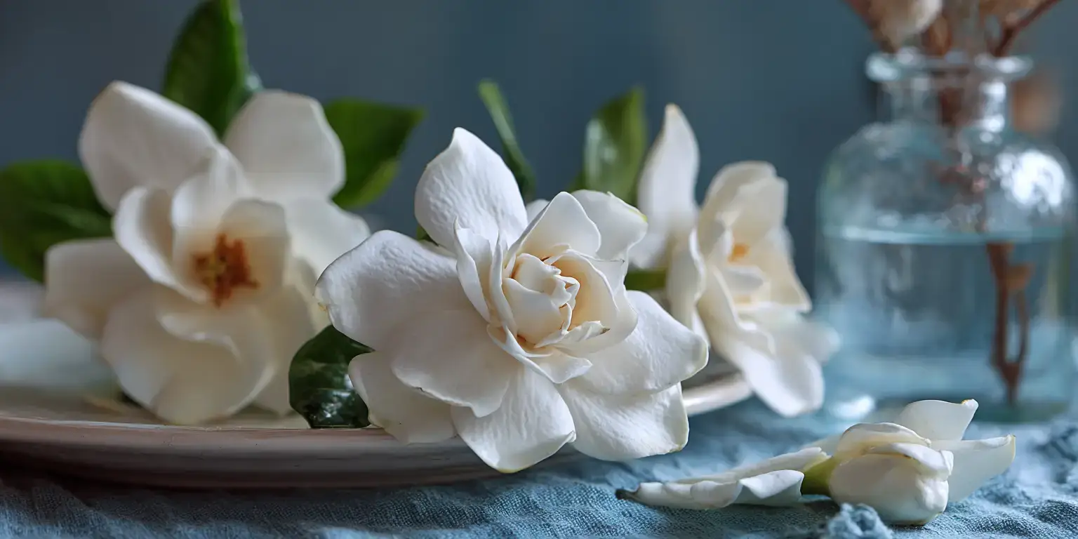 Gardenia blooms arranged on plate, soft blue backdrop.