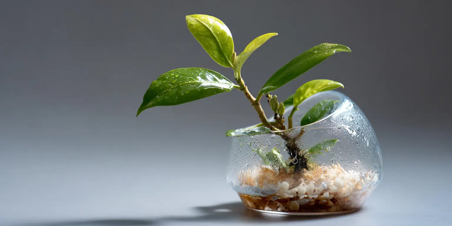 Gardenia cutting in glass propagation jar, condensation droplets.