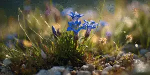 Alpine gentians in gravel meadow, morning backlight bokeh.