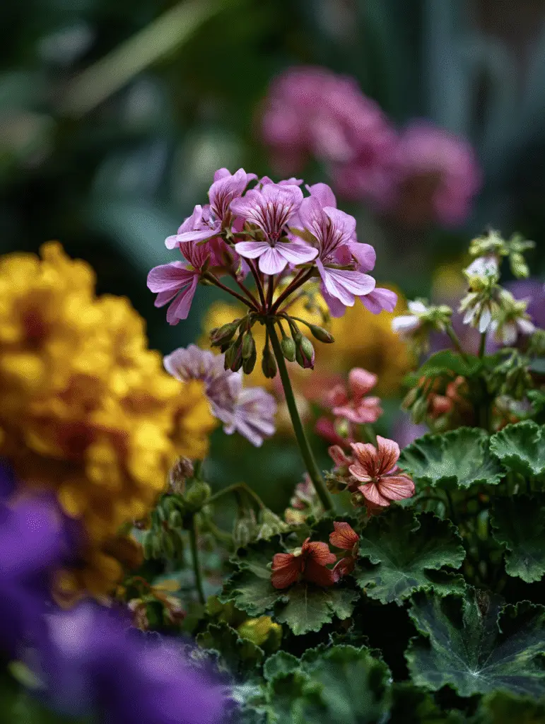 Pink pelargonium cluster, veined petals, buds, glossy leaves.