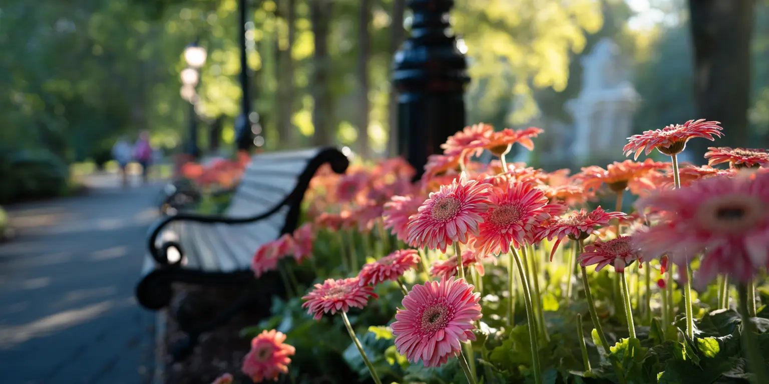 Gerbera daisies in park bed, morning light, bench.