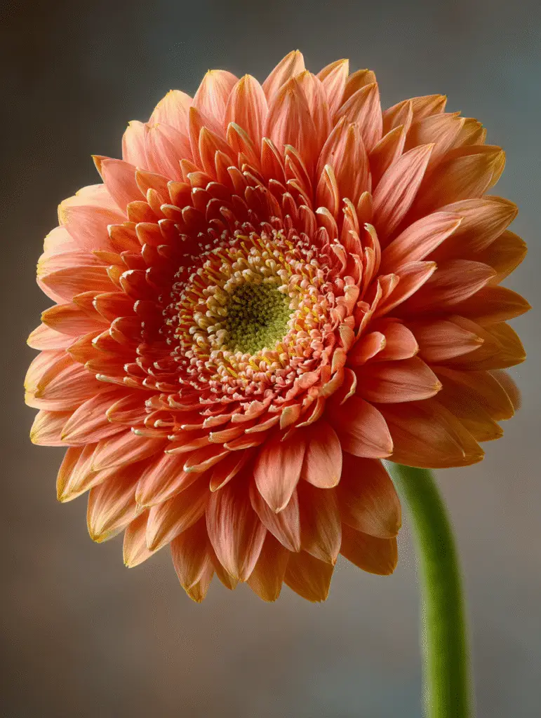 Gerbera daisy close-up, coral petals, green stem.